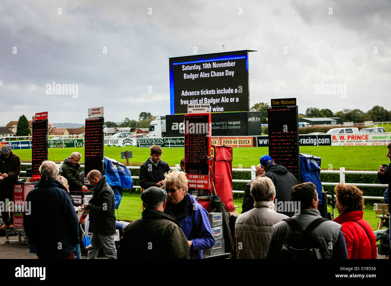 Horse track betting agents take bets at Wincanton Race course Stock