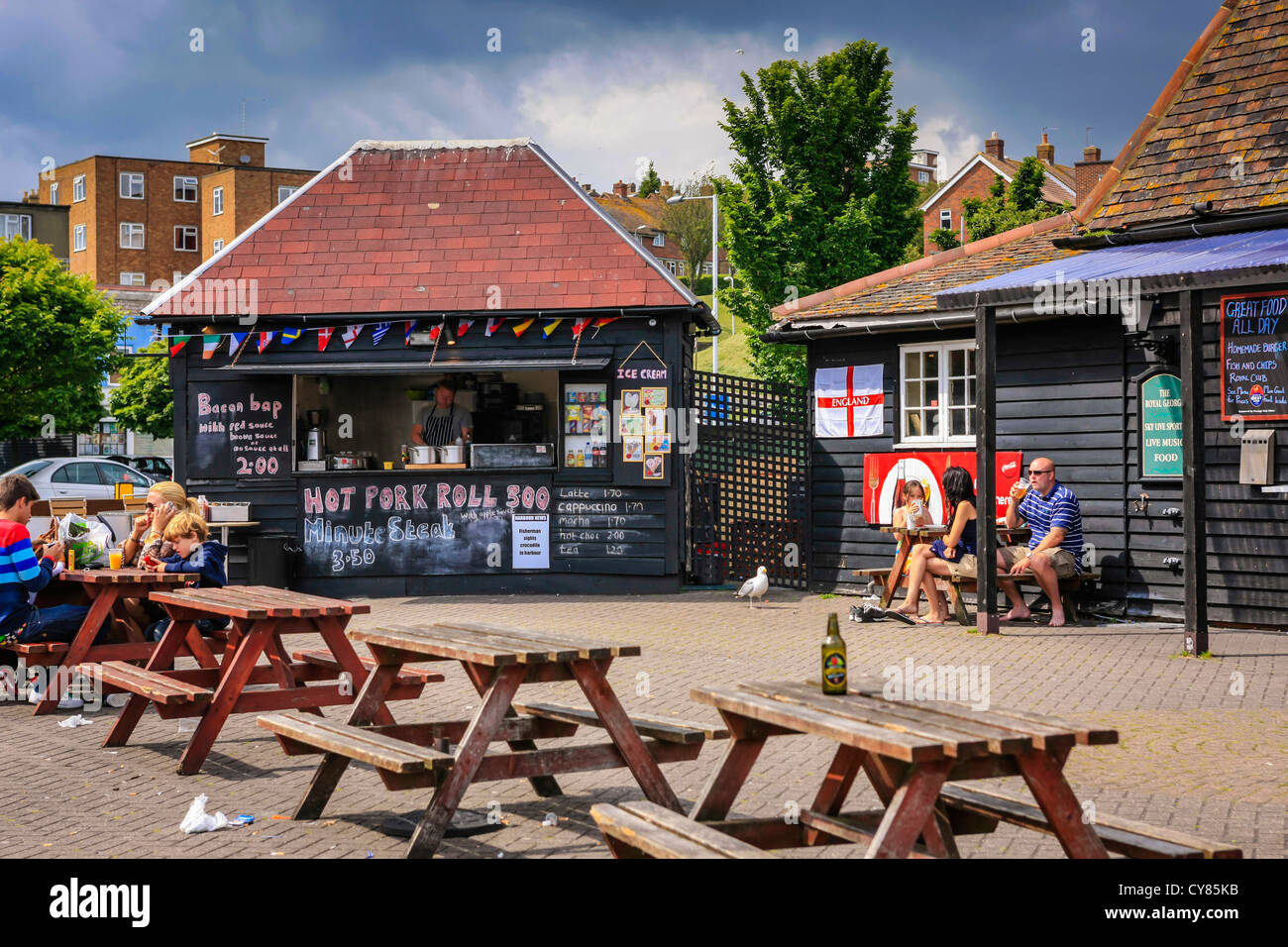 Fast food shack in the harbour area of old Folkstone town kent Stock