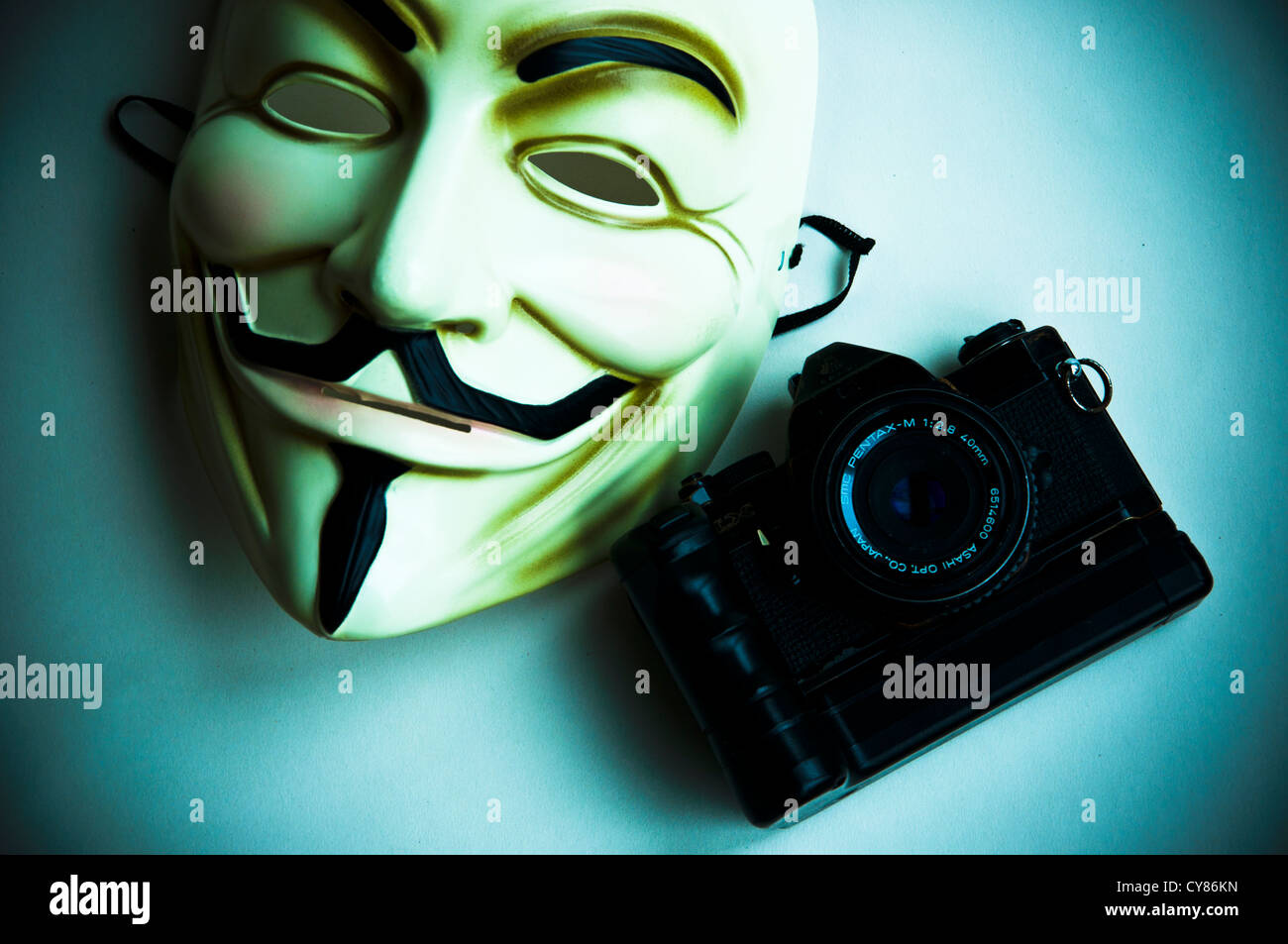 Guy Fawkes Vendetta v mask Anonymous with camera Stock Photo