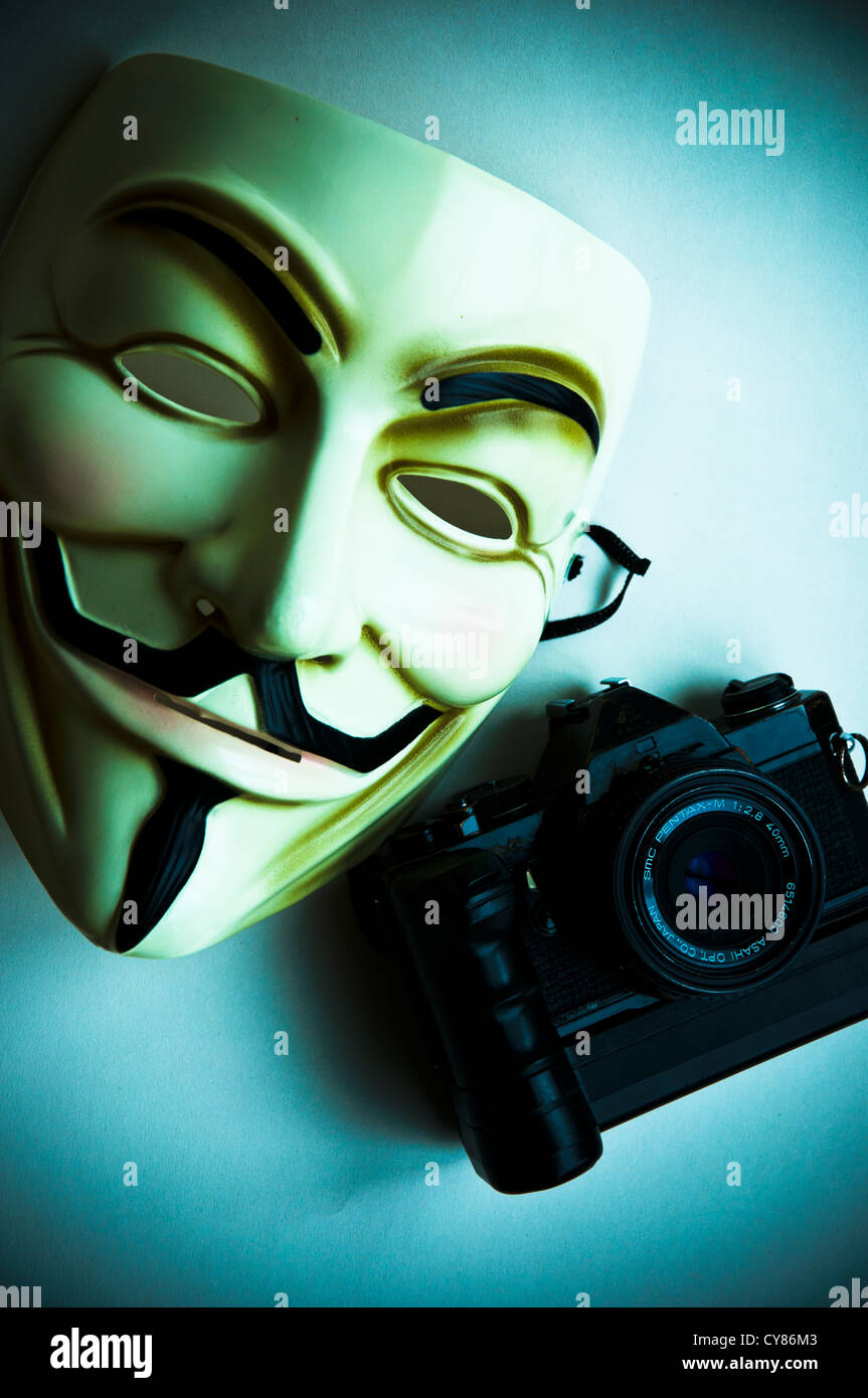 Guy Fawkes Vendetta v mask Anonymous with camera Stock Photo - Alamy