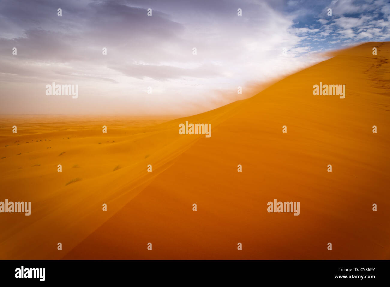 Wind storm on sand dunes of the Sahara Desert in Morocco with a ...