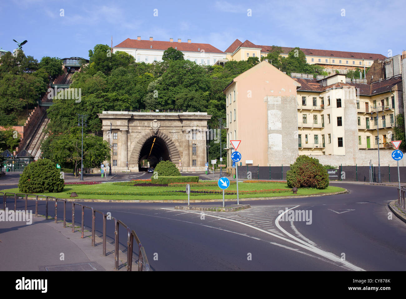 Clark Adam Square next to the Buda Tunnel entrance in Budapest, Hungary. Stock Photo