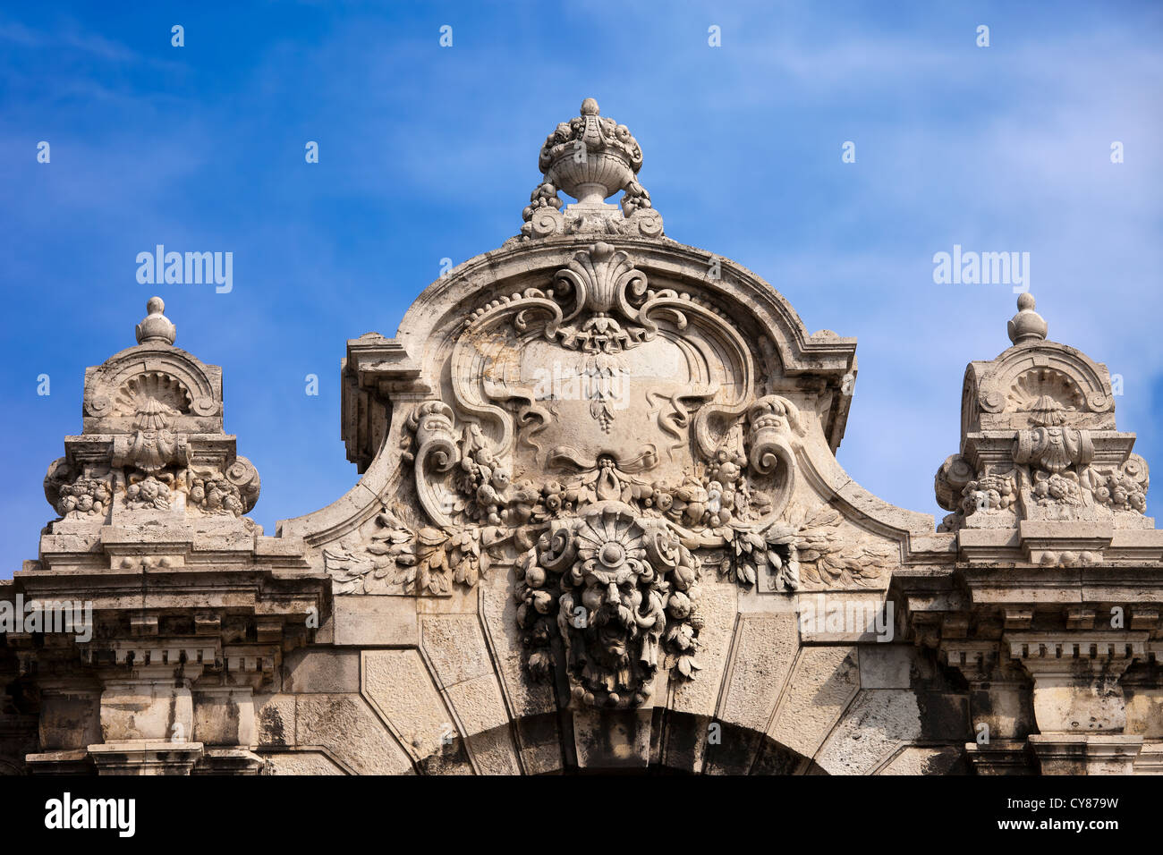 Ornate top part of the Hapsburg Gate in Budapest, Hungary. Stock Photo