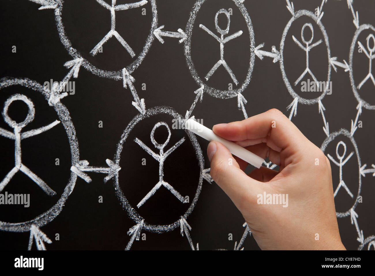 Hand showing social networking concept made with white chalk on a blackboard Stock Photo