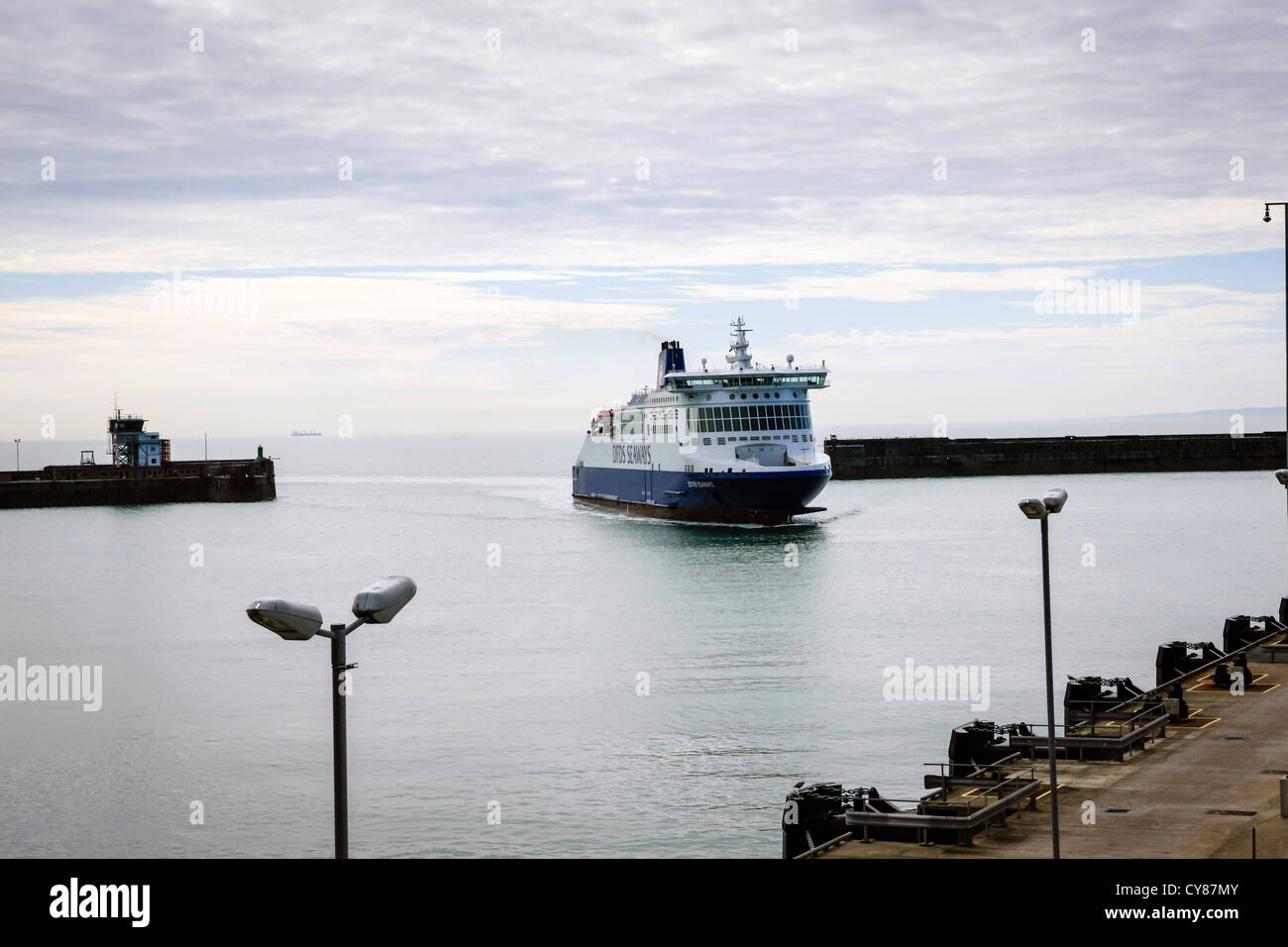 Ferry entering Dover harbor from France Stock Photo