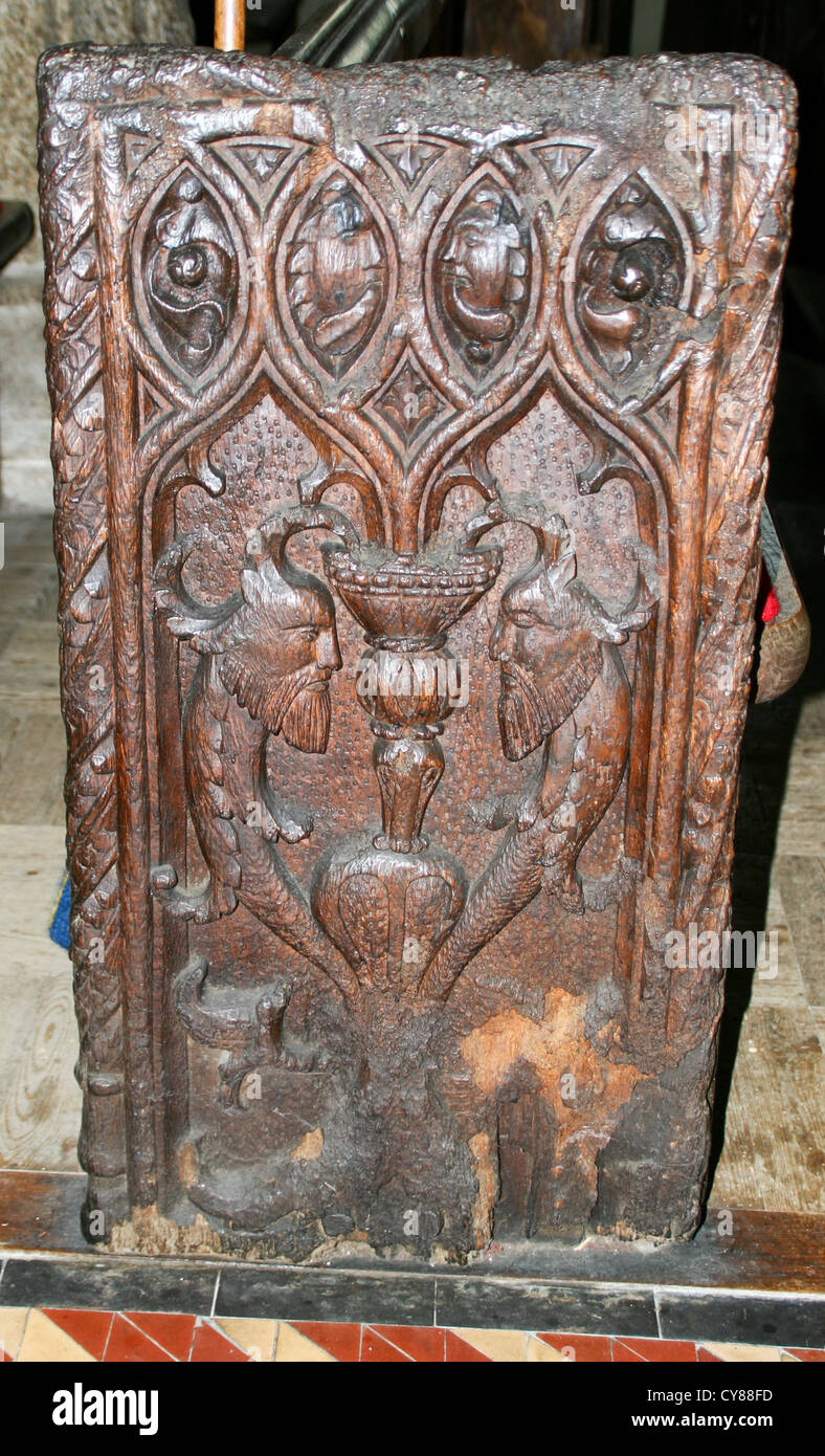 carved benchend Mermen Altarnun Cornwall England UK Stock Photo
