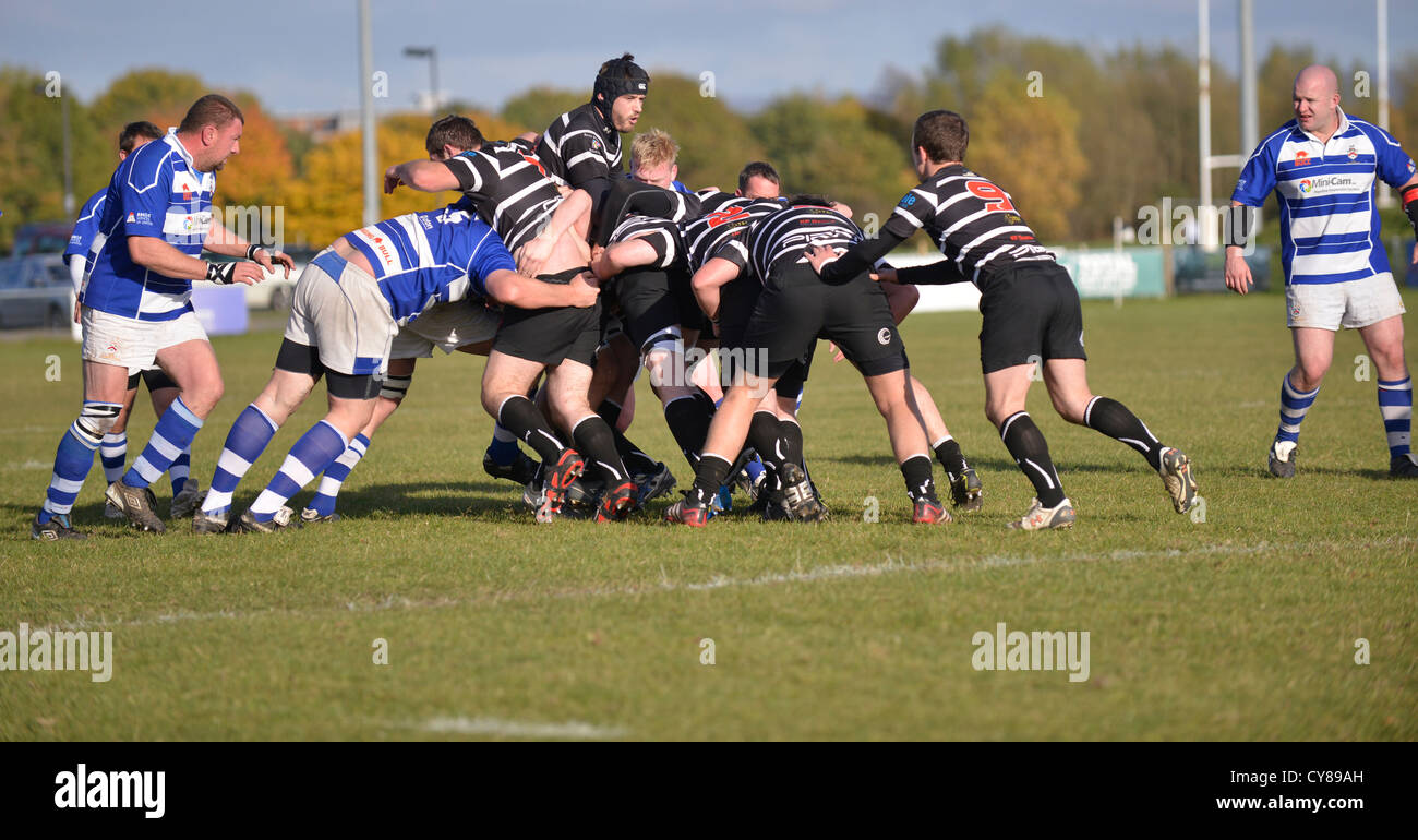 rugby action from a match between Broughton Park and Tyldesley Stock Photo
