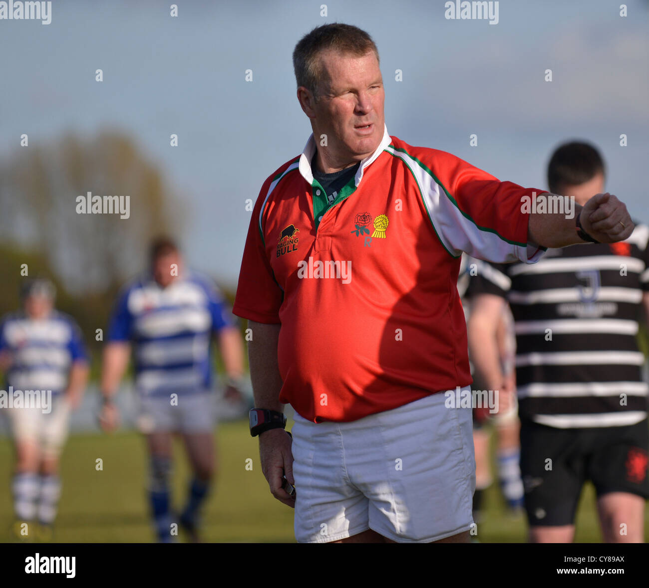 rugby referee poting during a match between Broughton Park and Tyldesley Stock Photo