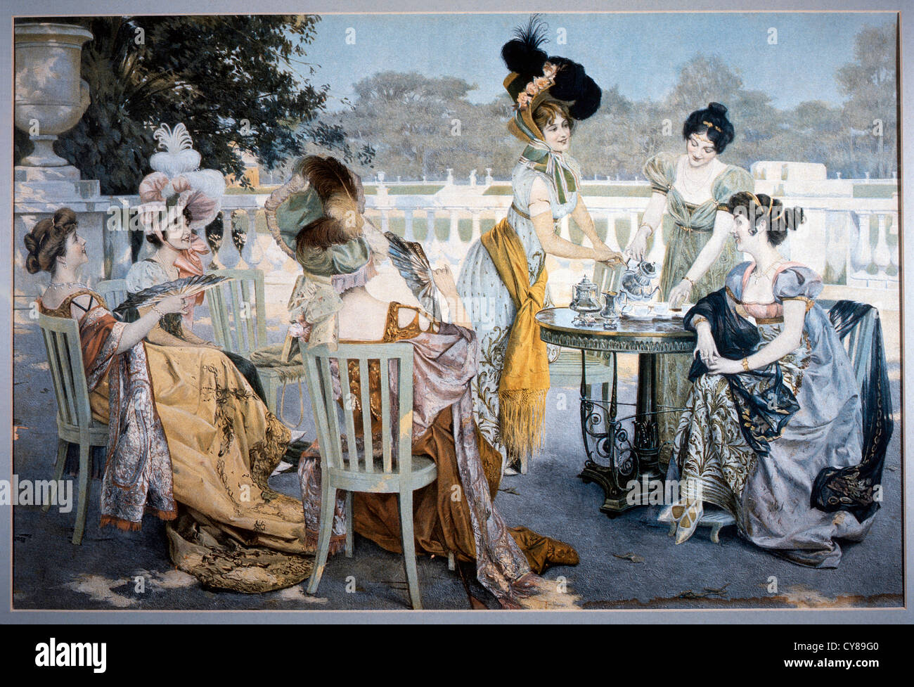 Group of Women in Victorian-Era Dresses at Outdoor Tea Party, Painting, Circa 1880 Stock Photo