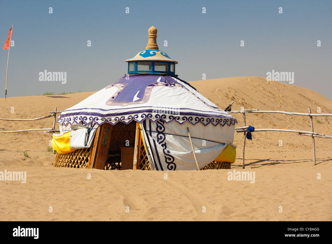 Mongolian Yurt in the Gobi Desert in the heat of the day Stock Photo