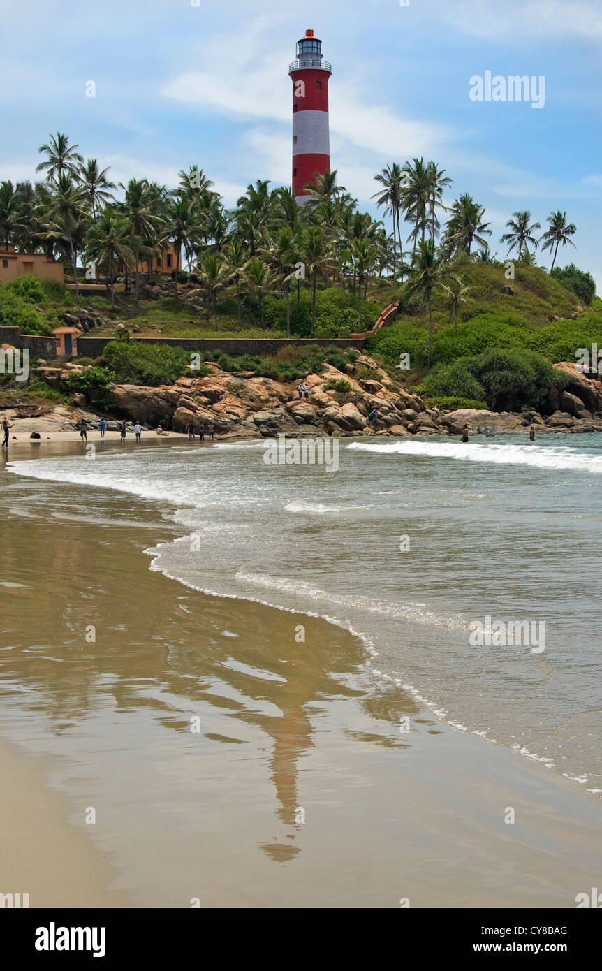 Vertical view of the red and white striped Vizhinjam Lighthouse on