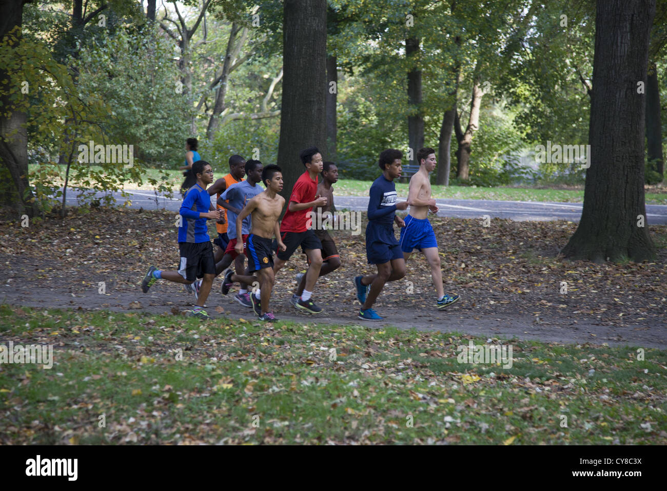 High school athletes at long distance running practice in Prospect Park