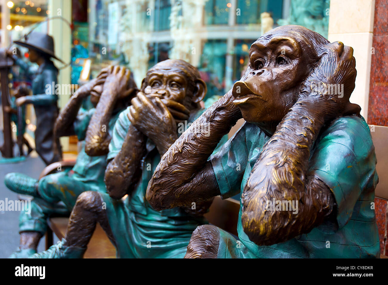 Hear no evil, speak no evil, see no evil – 3 wise monkeys statues in San Francisco Stock Photo
