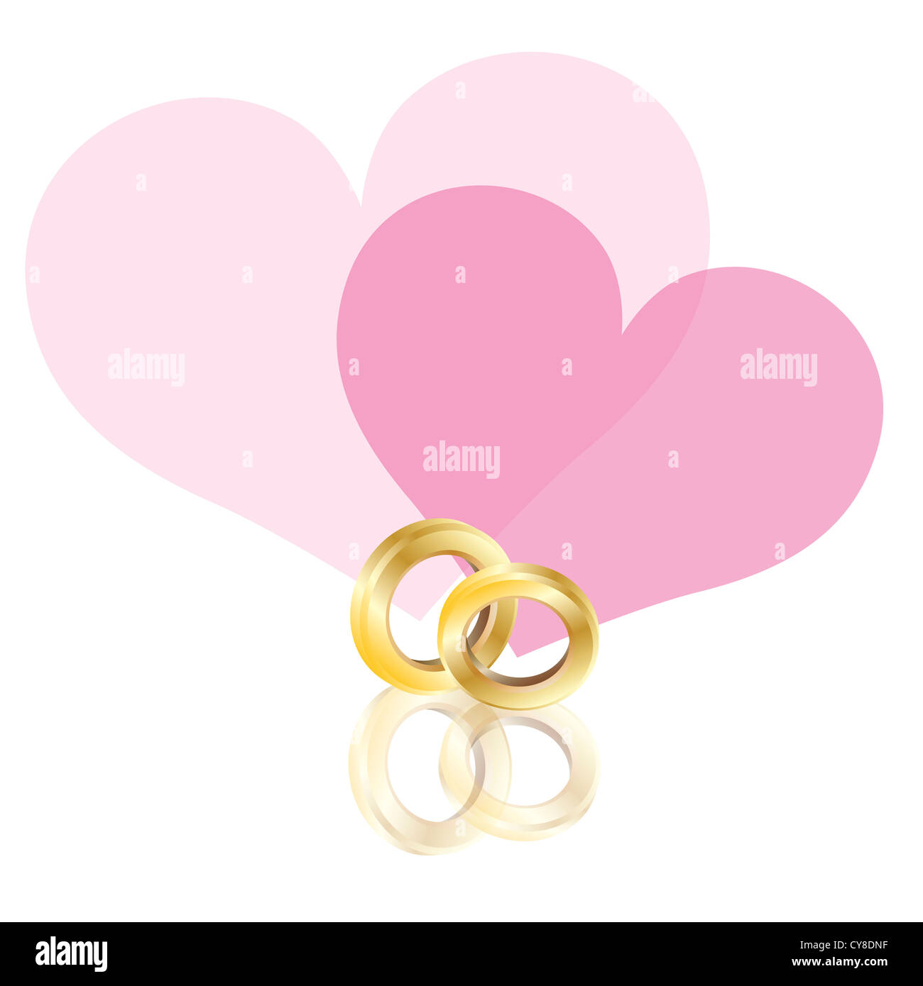 Wedding Rings Gold Band with Couple Pink Hearts Isolated on White Background Illustration Stock Photo