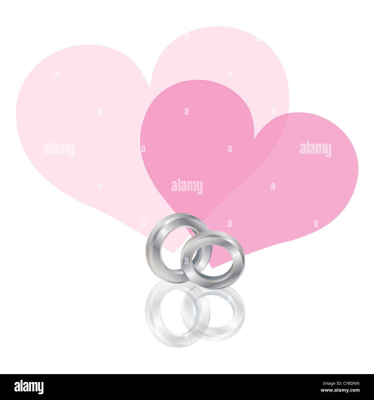 Wedding Rings Platinum Band with Couple Pink Hearts Isolated on White Background Illustration Stock Photo
