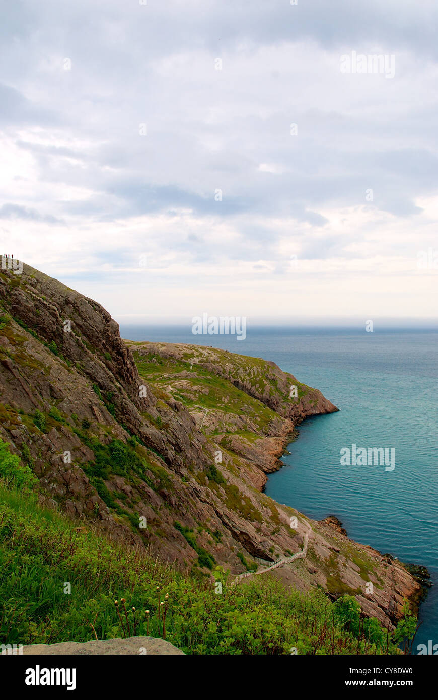 A group of people overlook a steep section of Signal Hill trail, St