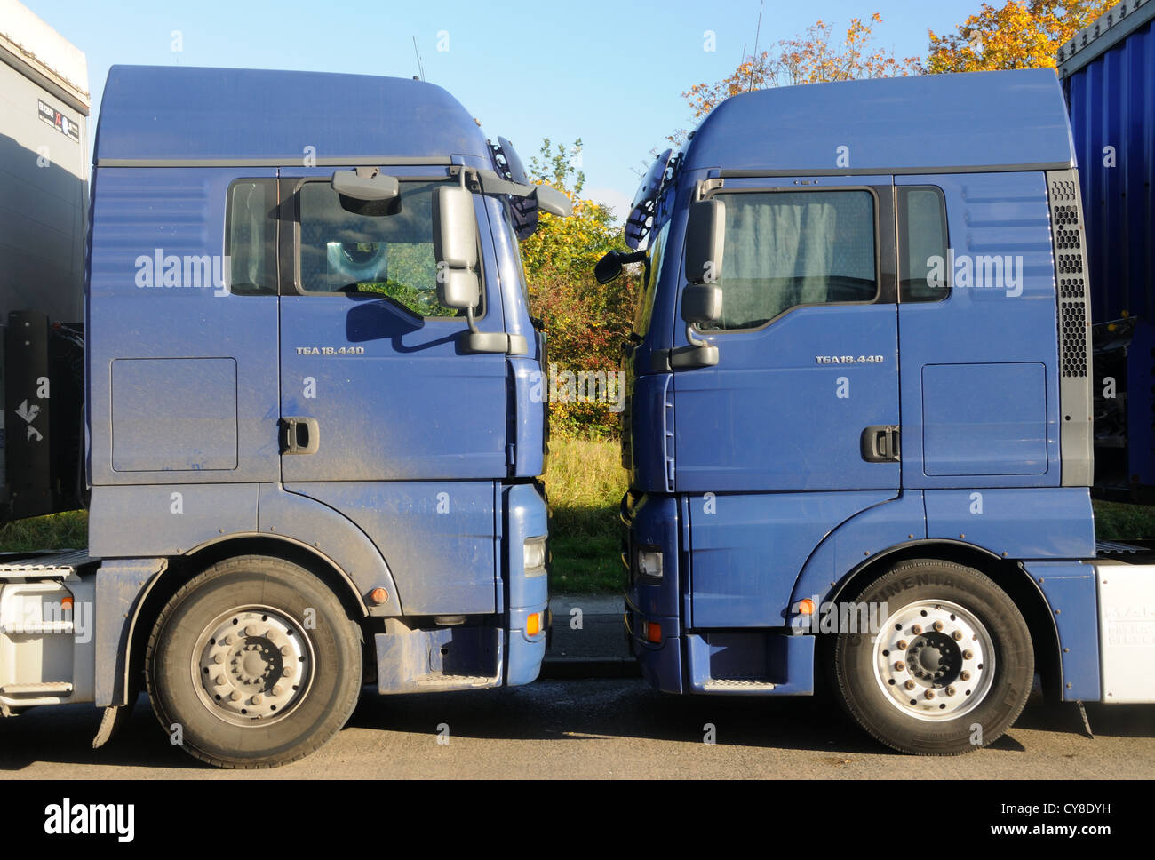When Greek meets Greek...  Two MAN TGA 18.440 tractor units stand head-to-head in Leicester, Leicestershire, England Stock Photo