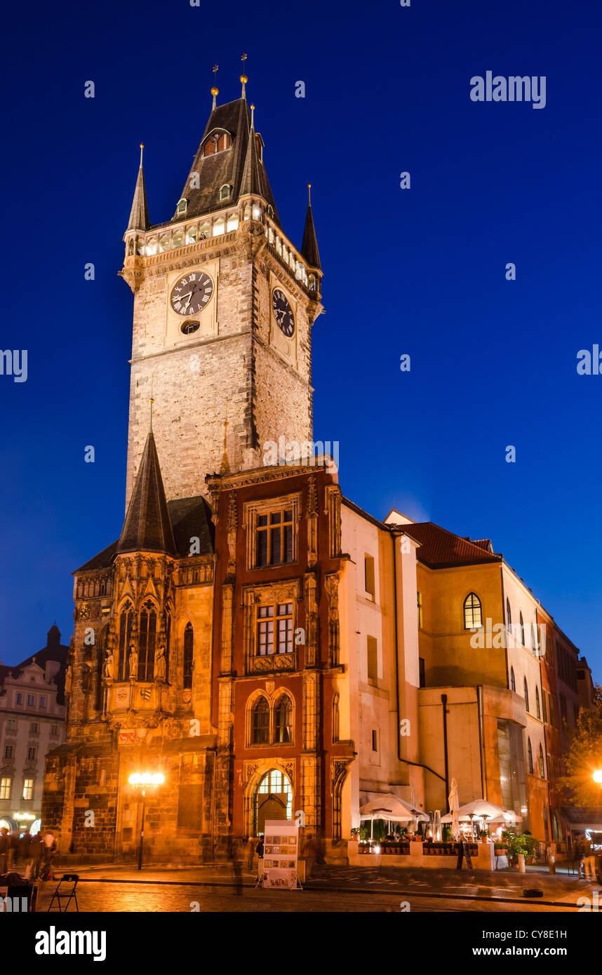 Stare Mesto Old Time Hall and its tower, in night. The tower was added in 1354, in gothic style, in the old center of Prague Stock Photo