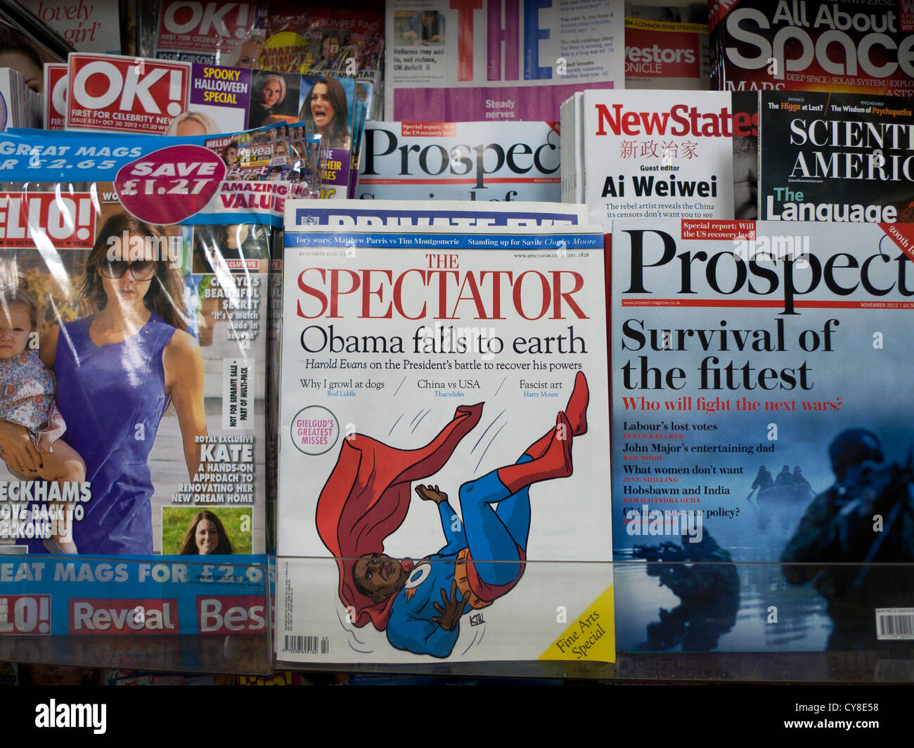 Spectator magazine cover 'Obama Falls to earth' on an October 2012 issue displayed on newsstand with magazines WH Smith in Great Britain KATHY DEWITT Stock Photo