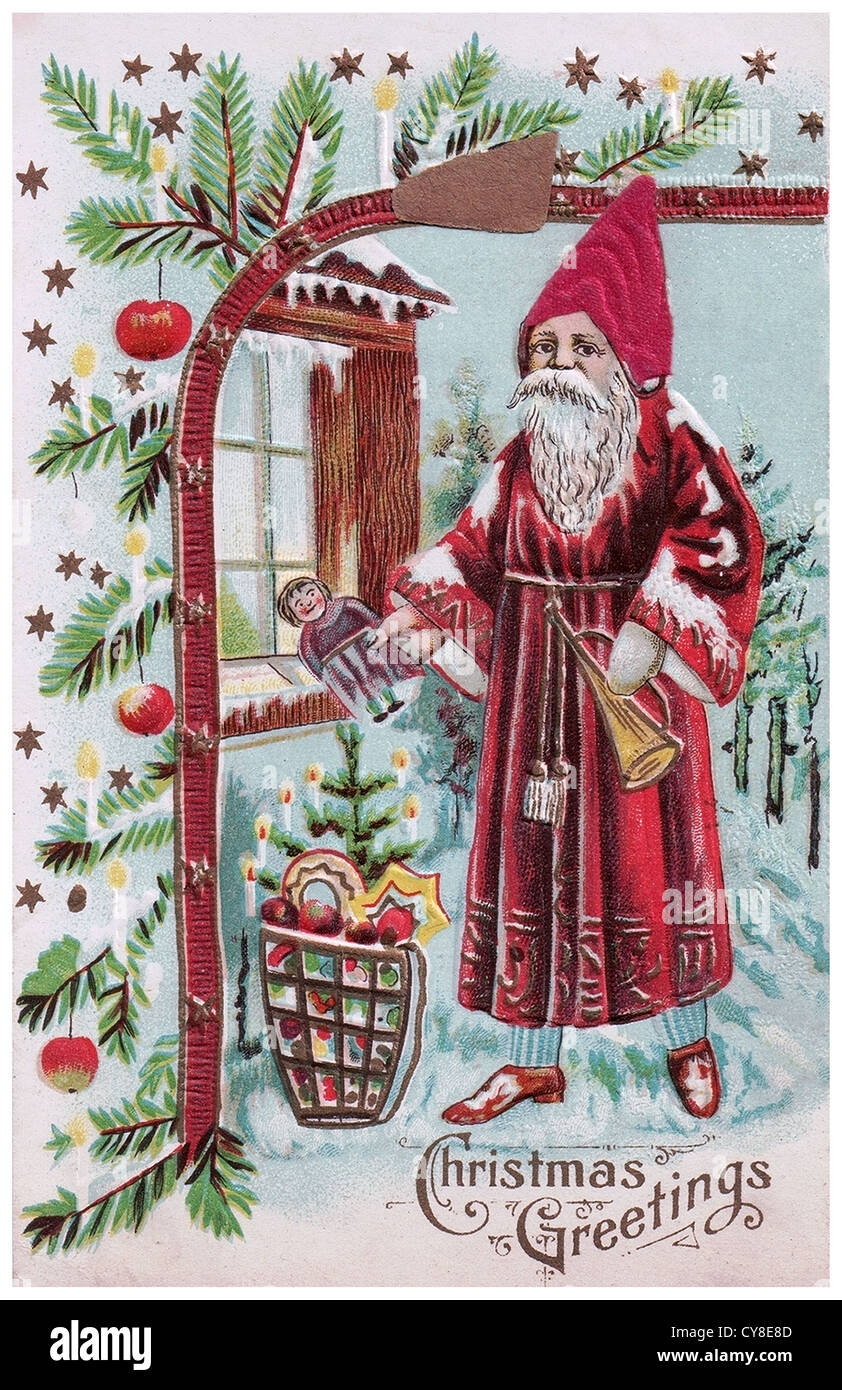 Old Fashioned Santa Claus to front of house Stock Photo