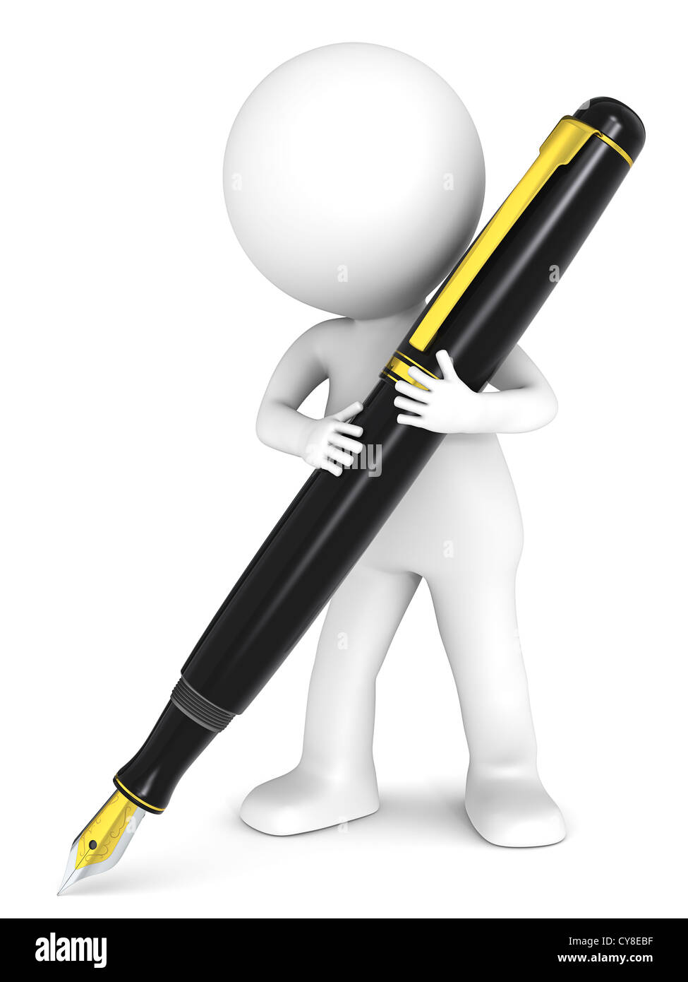 3D little human character holding a Fountain Pen. Black and Gold. People series. Stock Photo