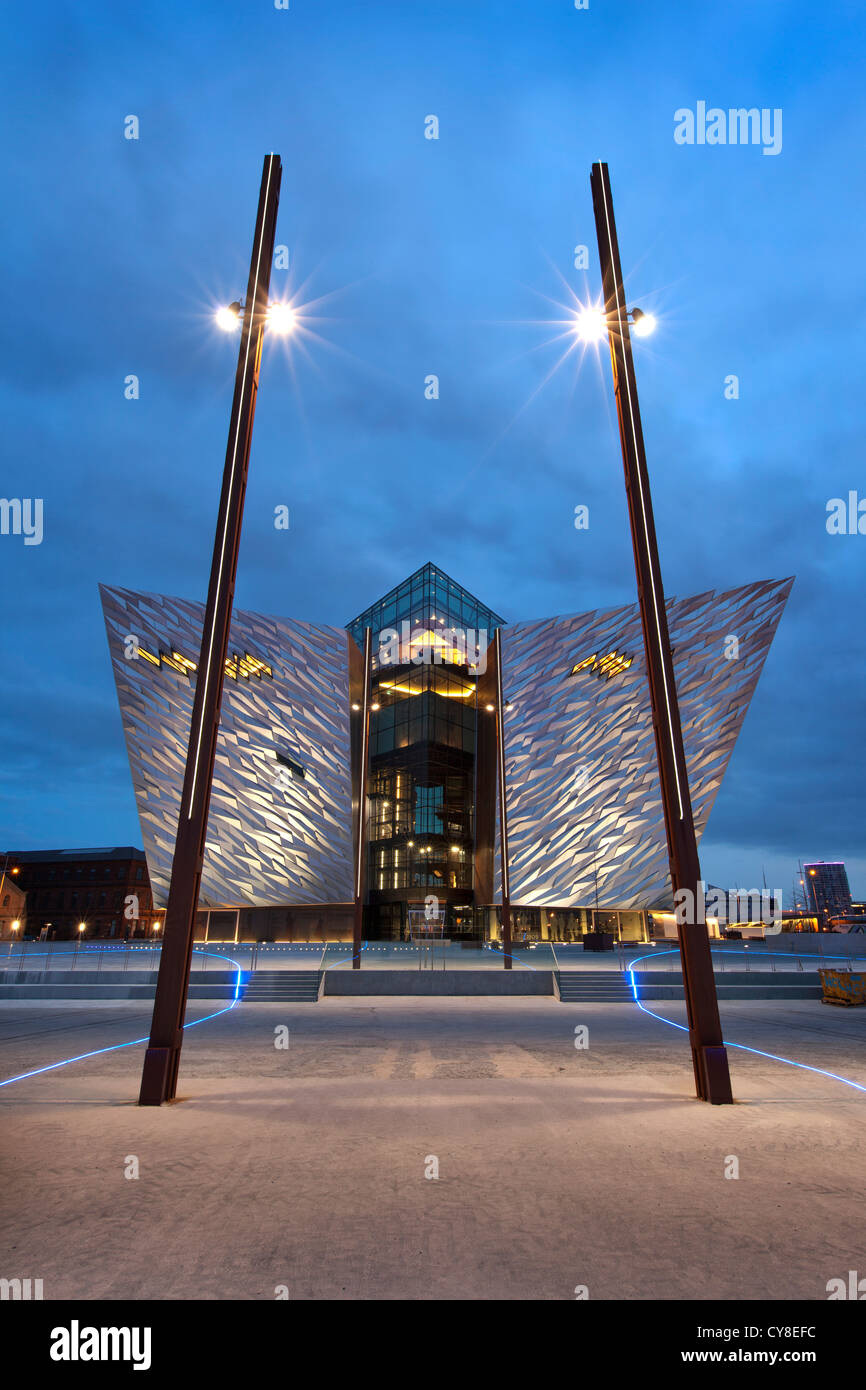 Night shot of Titanic Belfast visitor centre, Northern Ireland. Stock Photo