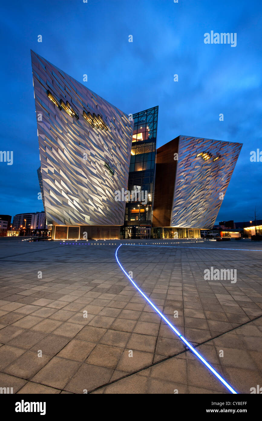 Night shot of Titanic Belfast visitor centre, Northern Ireland. Stock Photo