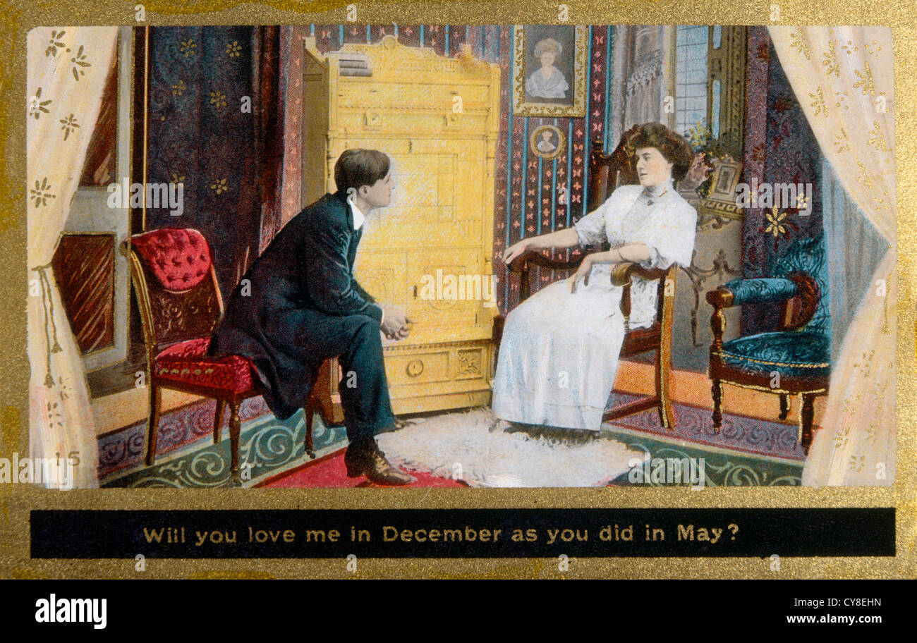 Couple Seated in Parlor, Will You Love Me in December as You did in May?, Postcard, Circa 1910 Stock Photo