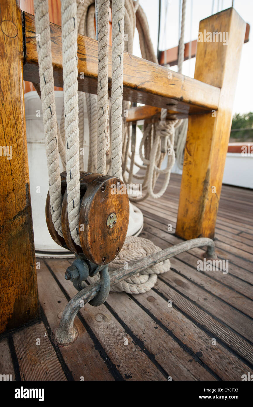 Block and tackle aboard the tall ship "Zodiac" sailing through the San