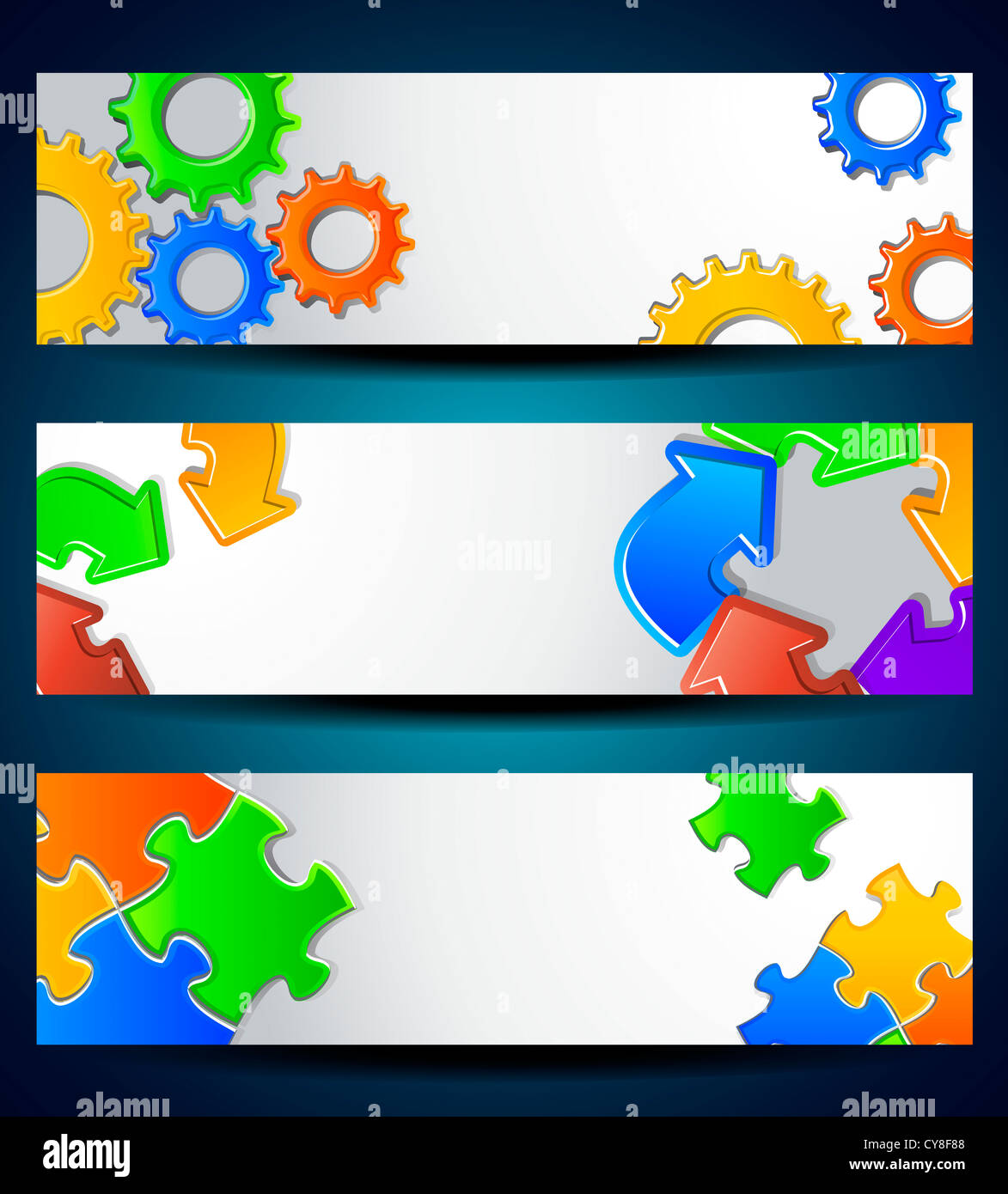 Set of horizontal banners Gear, puzzle, arrows For business Concept Stock Photo