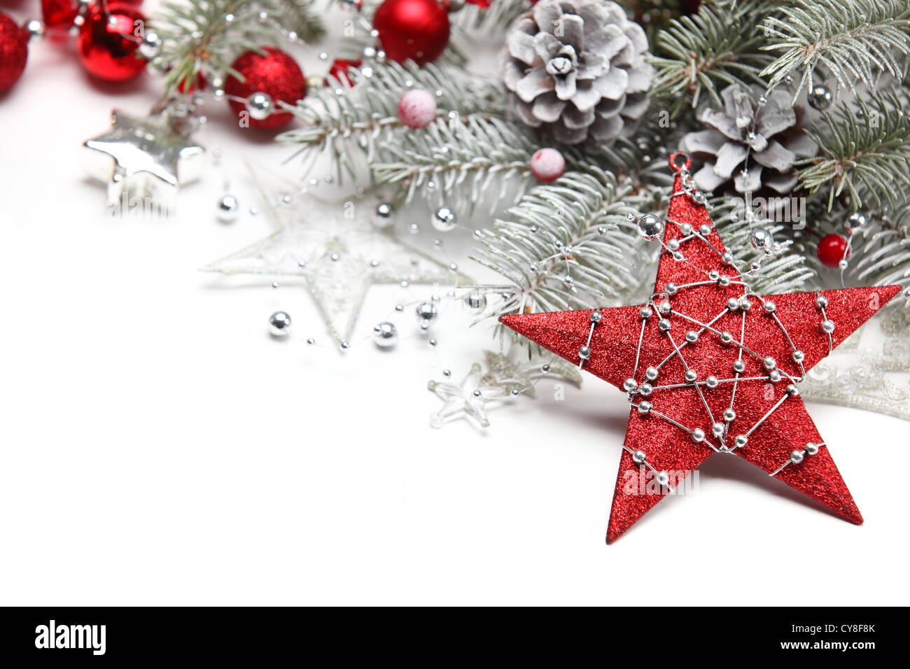 Christmas decoration with star and frosty branch. Stock Photo