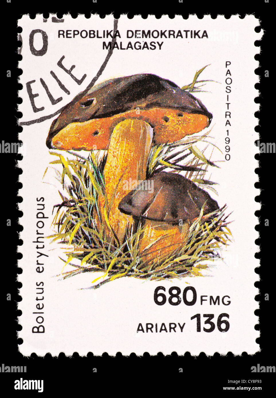 Postage stamp from Madagascar depicting mushrooms (Boletus erythropus) Stock Photo