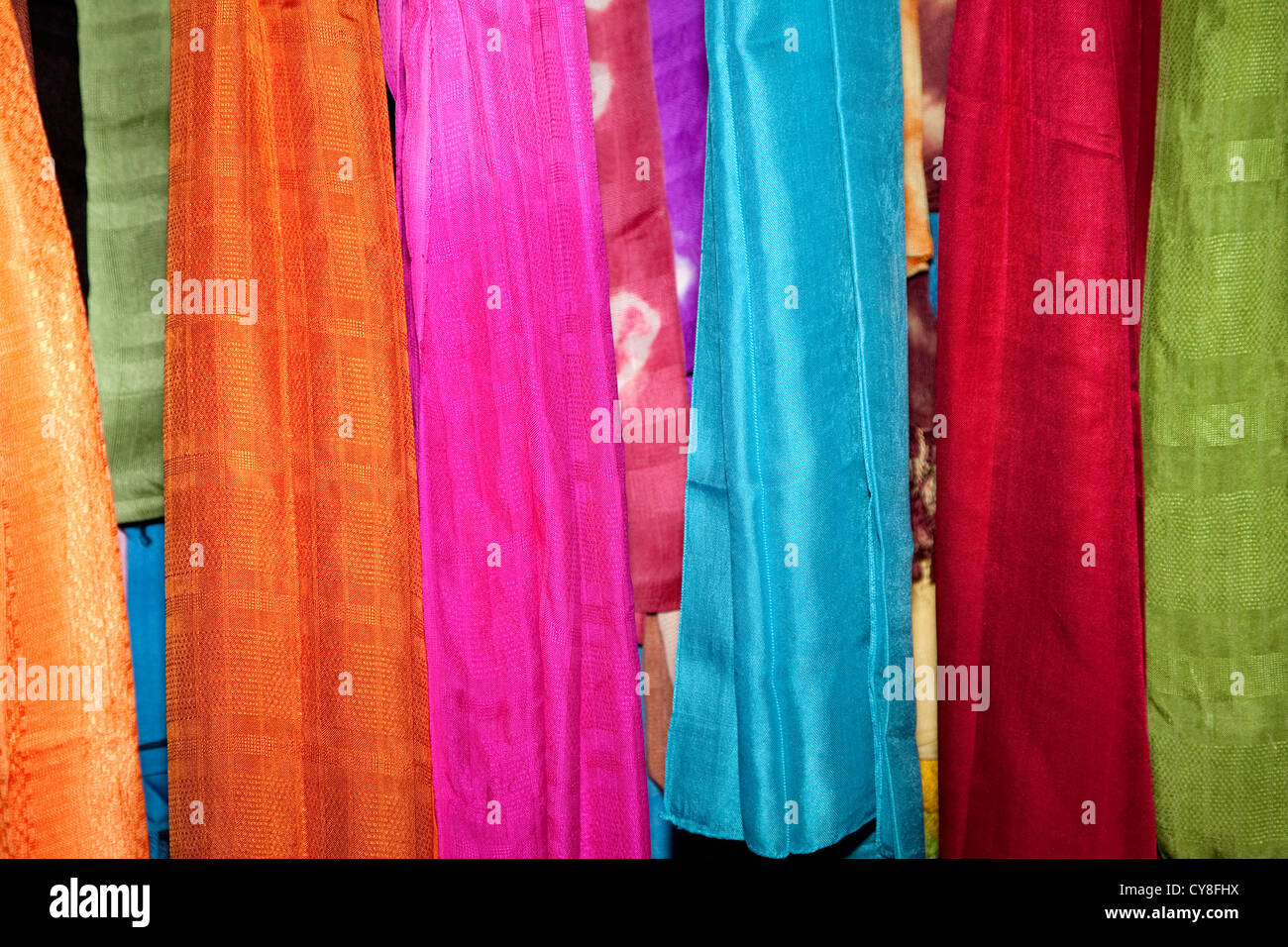 Myanmar, Burma. Silk Fabric, Inle Lake, Shan State. Stock Photo