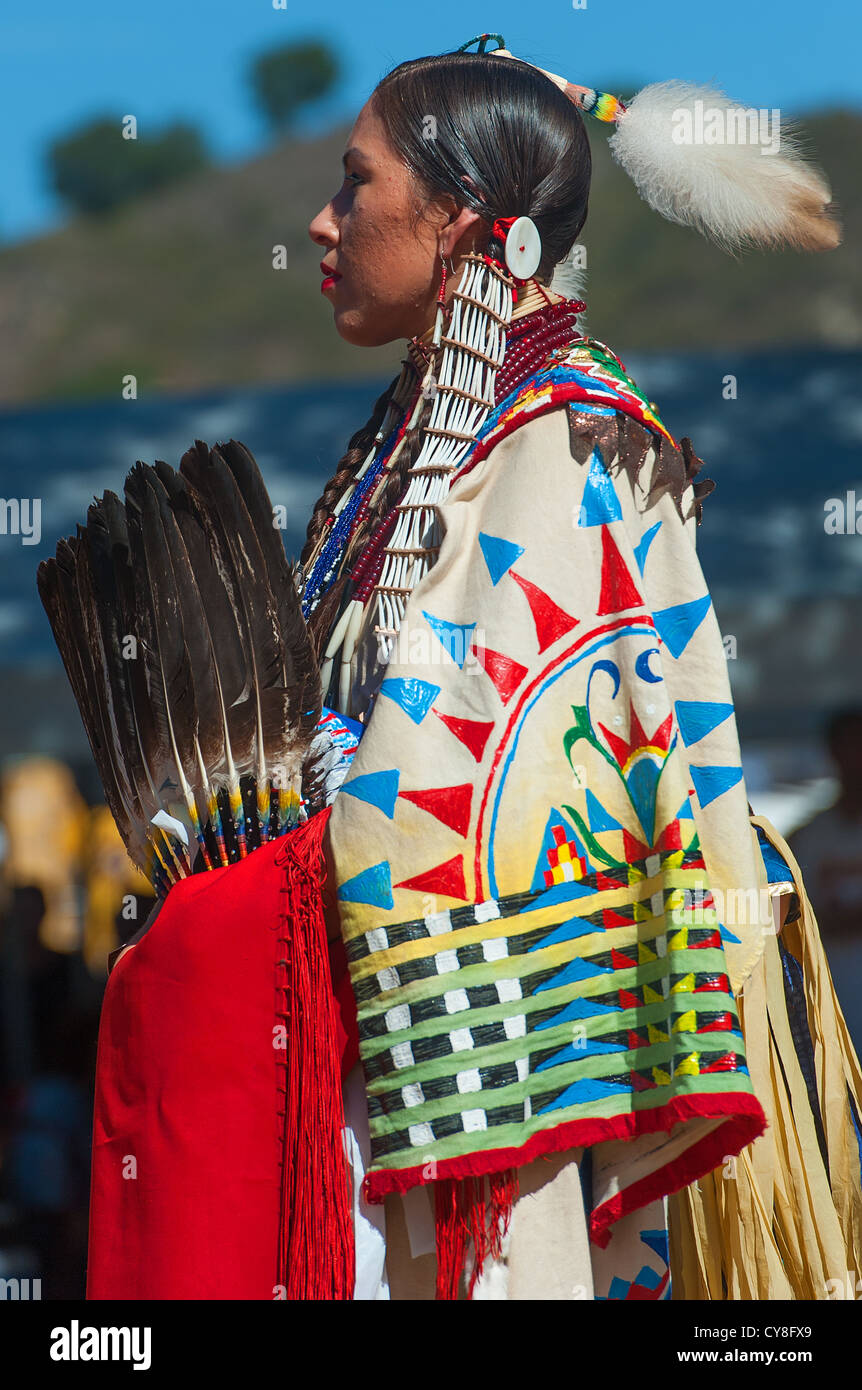 Chumash  native American woman dressed in traditional regalia, at the 2012 Chumash Inter Tribal Pow-wow in Santa Ynez Valley Stock Photo