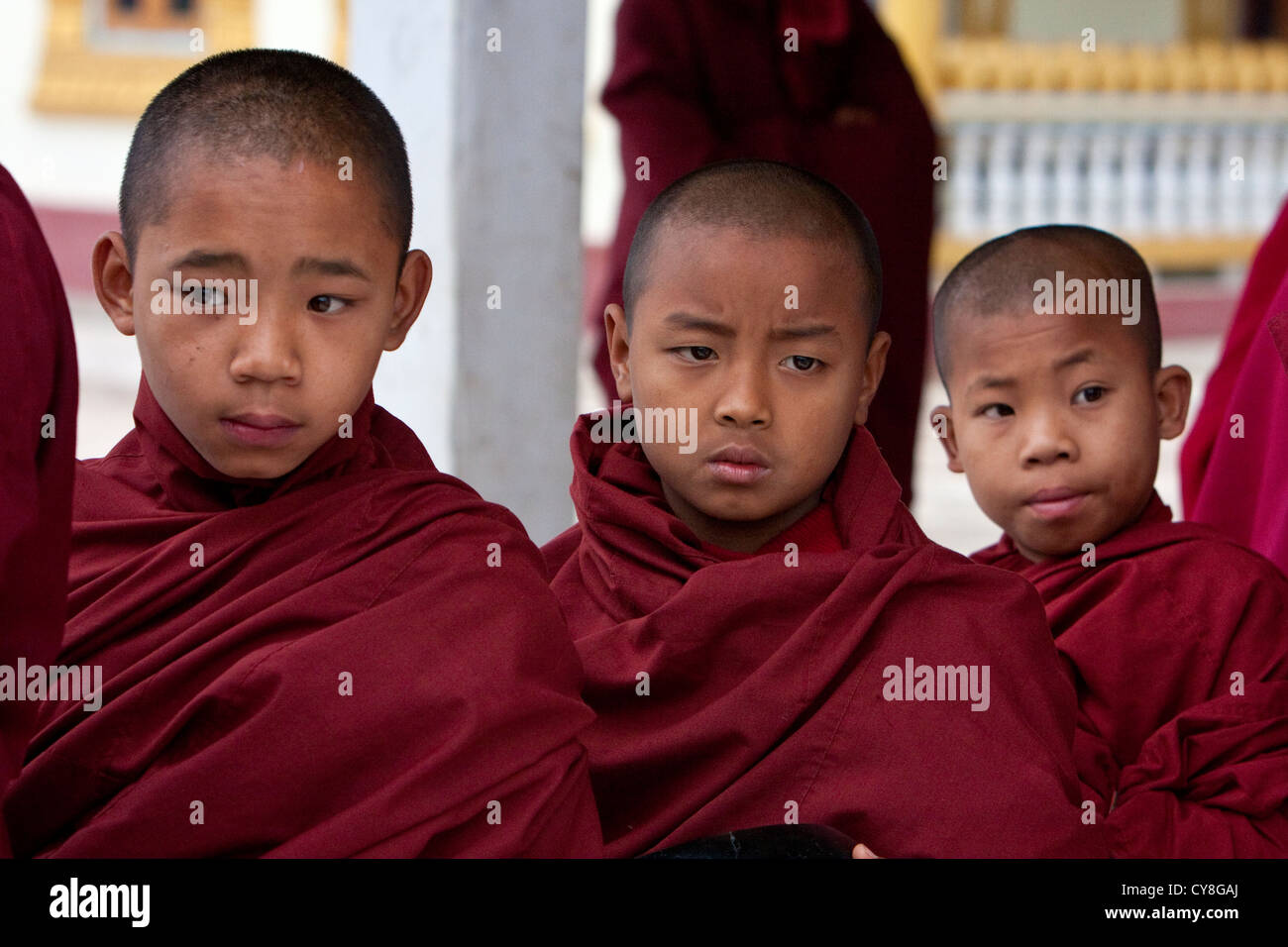 Myanmar, Burma. Three Young Boy Buddhist Monks, Alodaw Pauk Pagoda ...