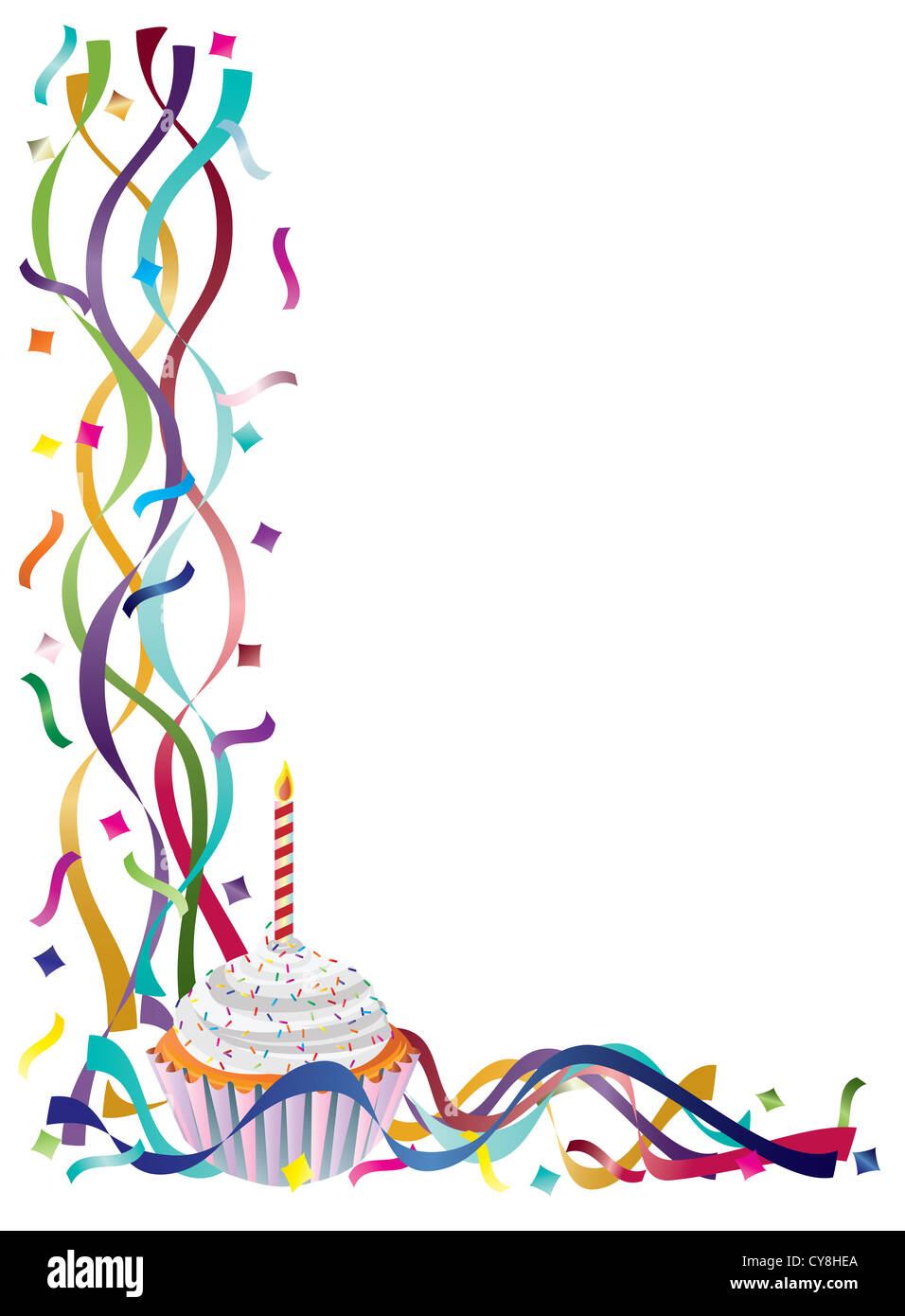 Birthday Cupcake with Colorful Ribbons and Confetti Border Background  Illustration Stock Photo - Alamy