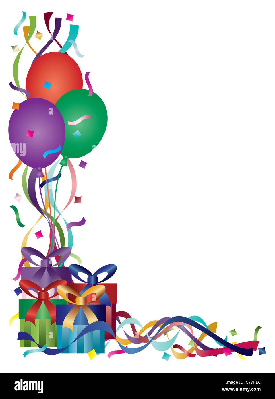 Birthday Presents with Colorful Ribbons and Confetti Border Background