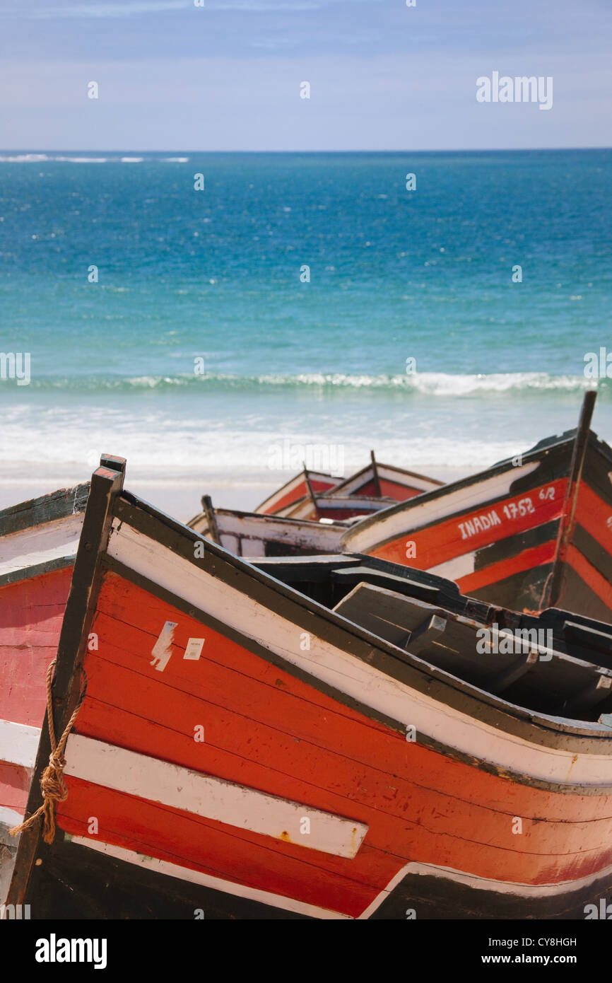 Canoes along the Atlantic coast, Morocco Stock Photo