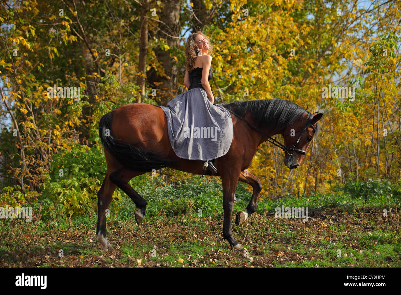 Young equestrian woman and her horse walks in evening pasture Stock Photo