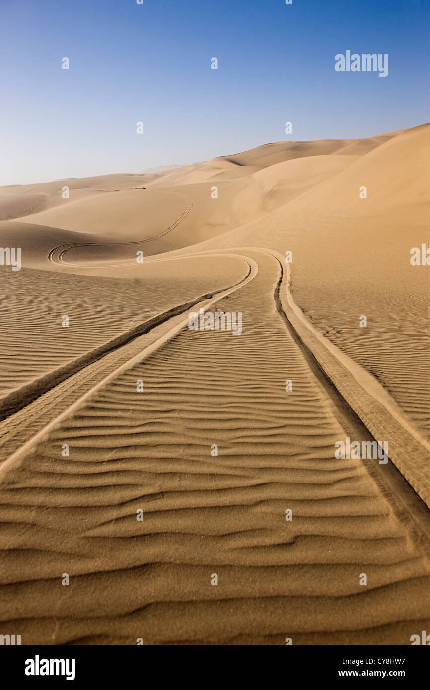 Desert scene with wheel tracks in sand Stock Photo