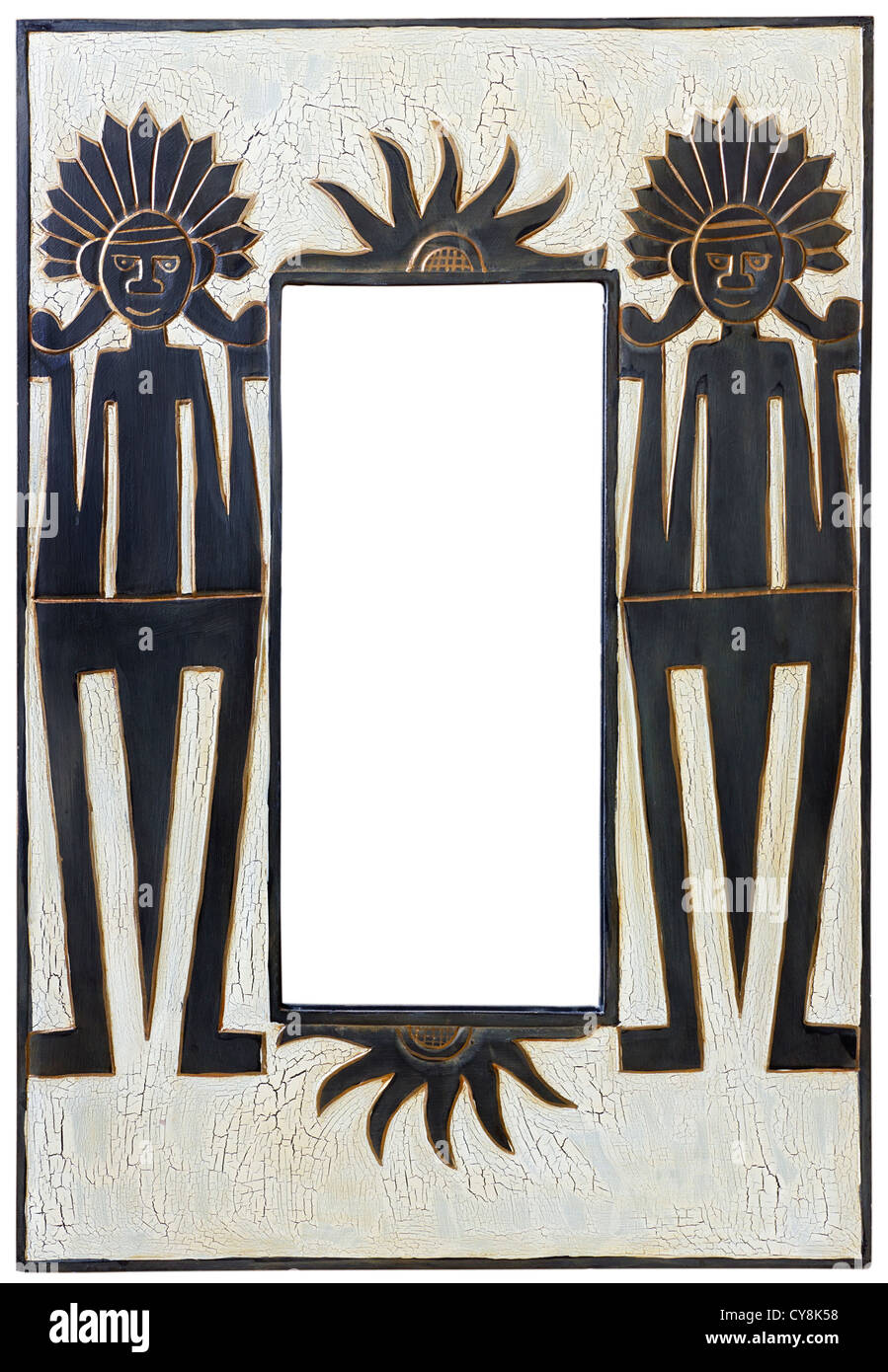 Handmade African style wooden picture mirror frame isolated Stock Photo