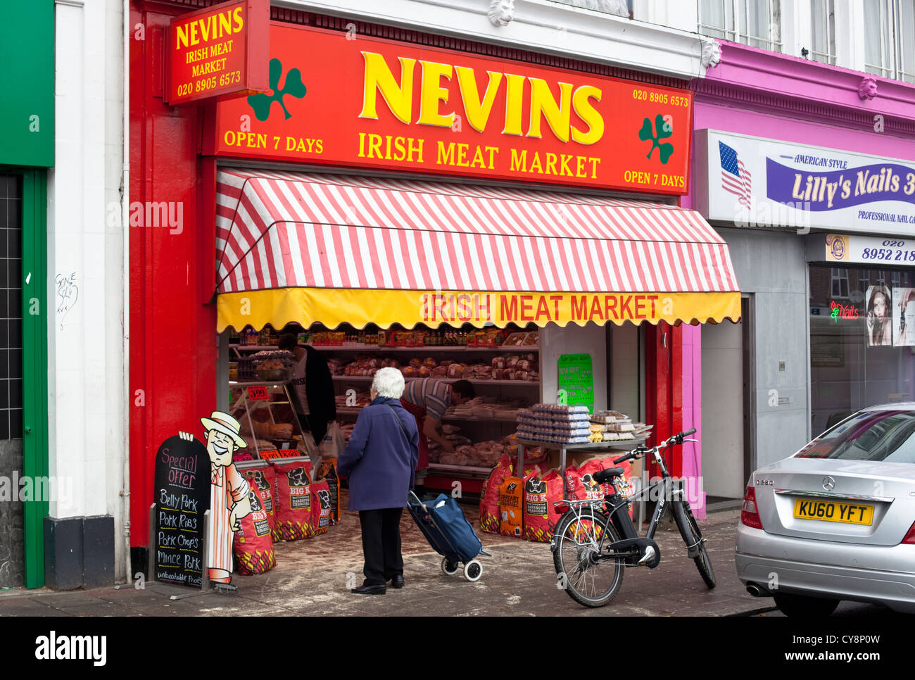 Nevins Irish Meat market, butcher shop, London, England, UK Stock Photo