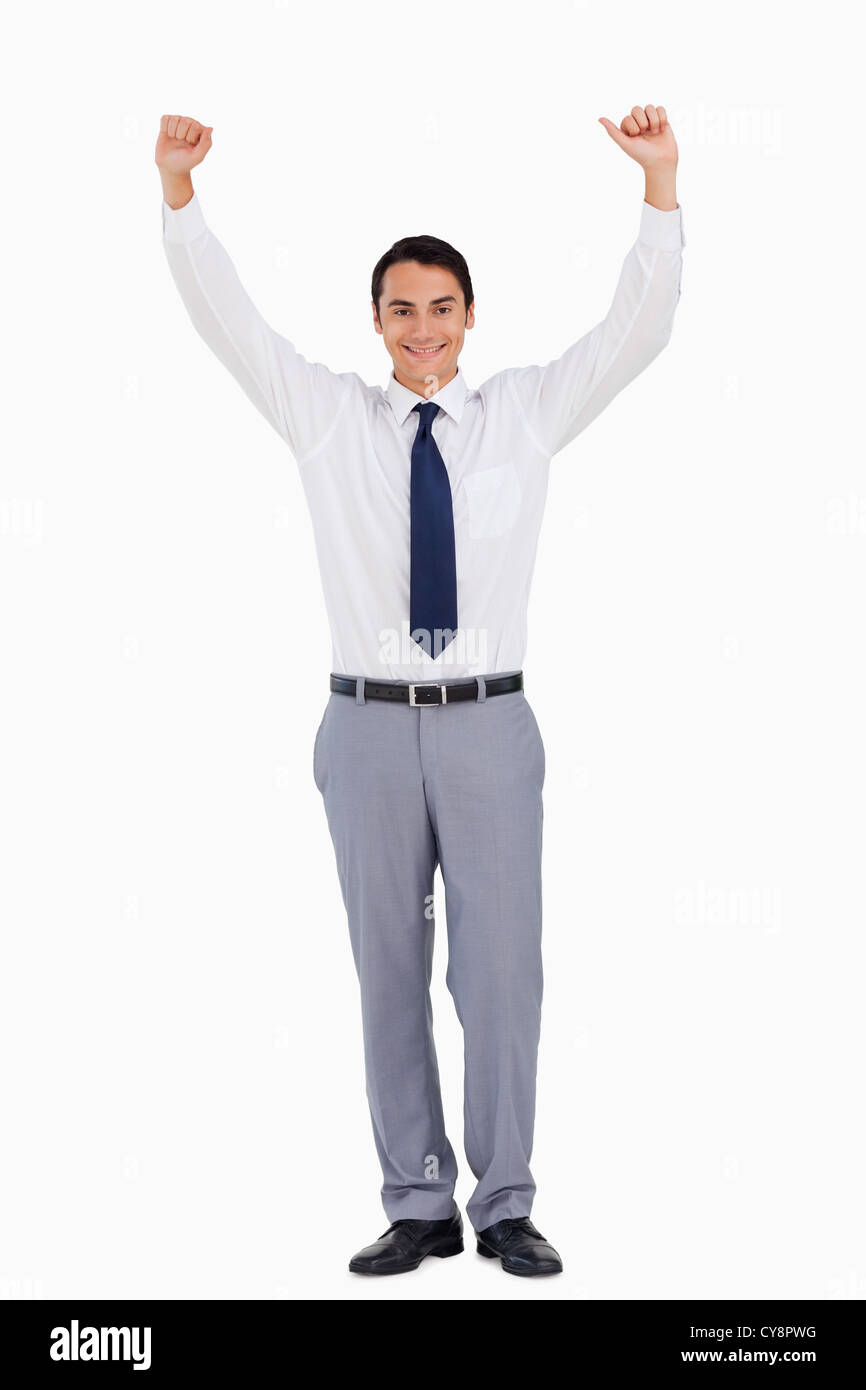 Businessman raising his arms Stock Photo - Alamy