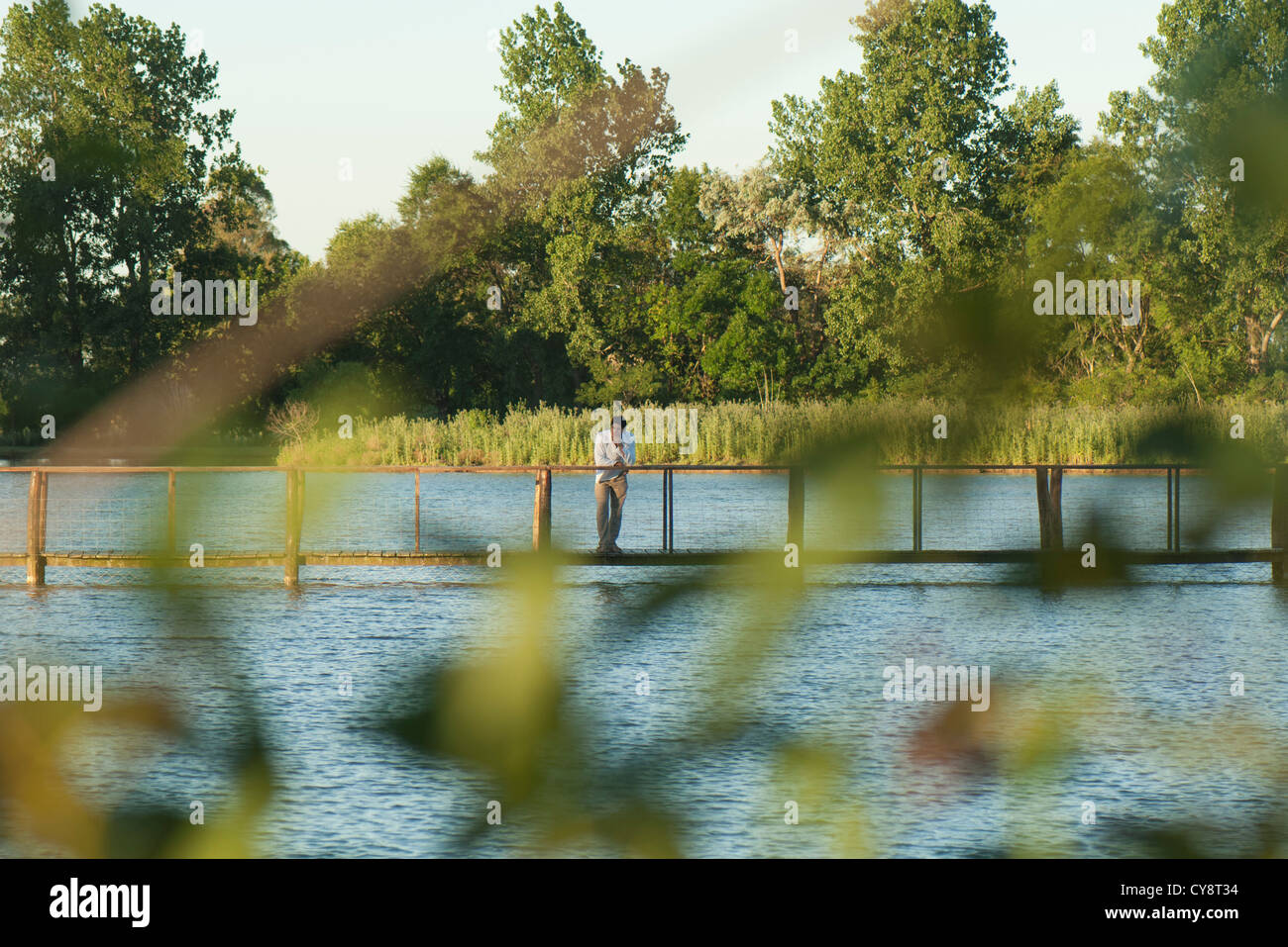 Man standing on footbridge over river in distance, seen through leaves in blurred foreground Stock Photo