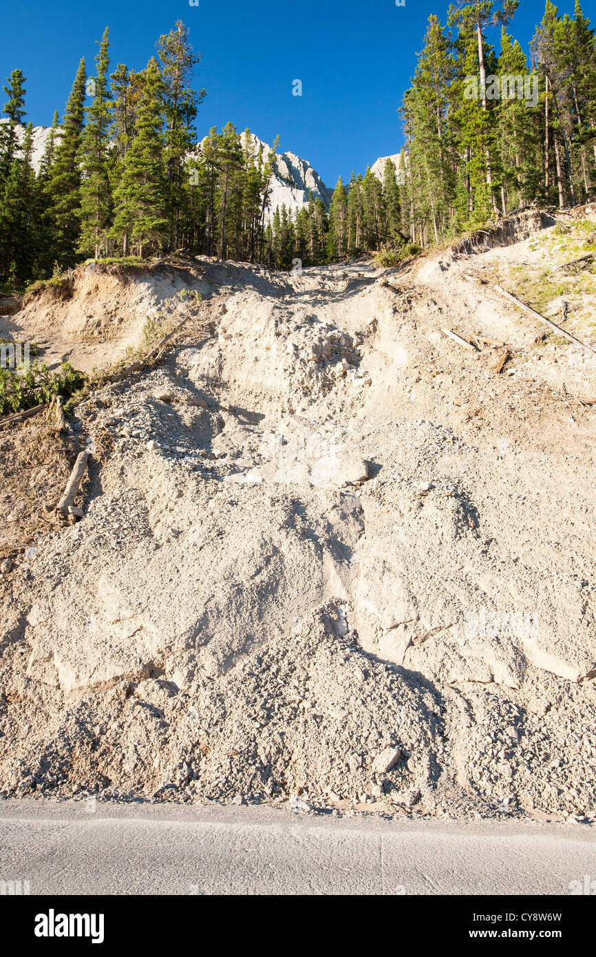 A landslide on the Maligne Lake Road near Jasper caused by torrential rain, Canada Stock Photo
