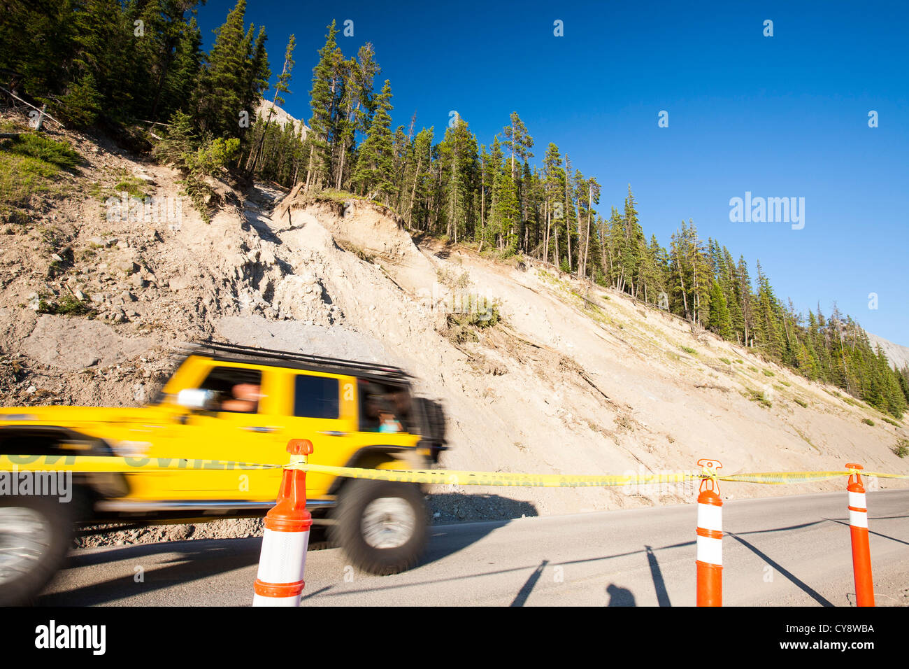 A landslide on the Maligne Lake Road near Jasper caused by torrential rain, Canada. Stock Photo