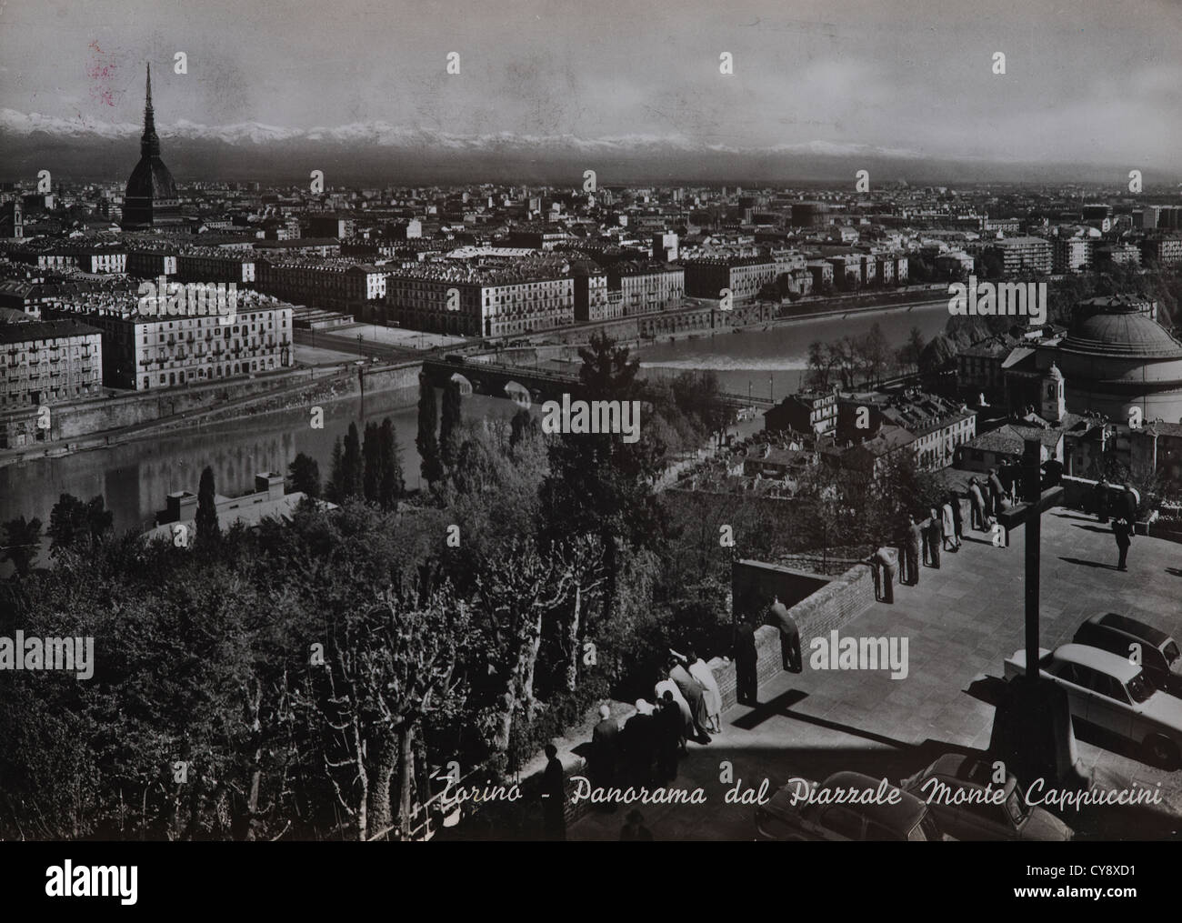 a panorama of Turin an old postcard Stock Photo
