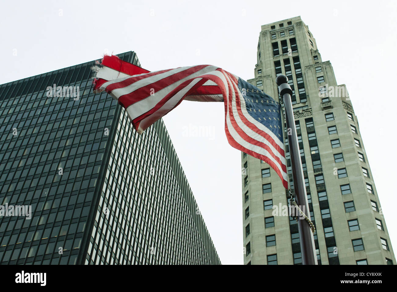 American flag waving in the wind, River North neighborhood, Chicago Stock Photo