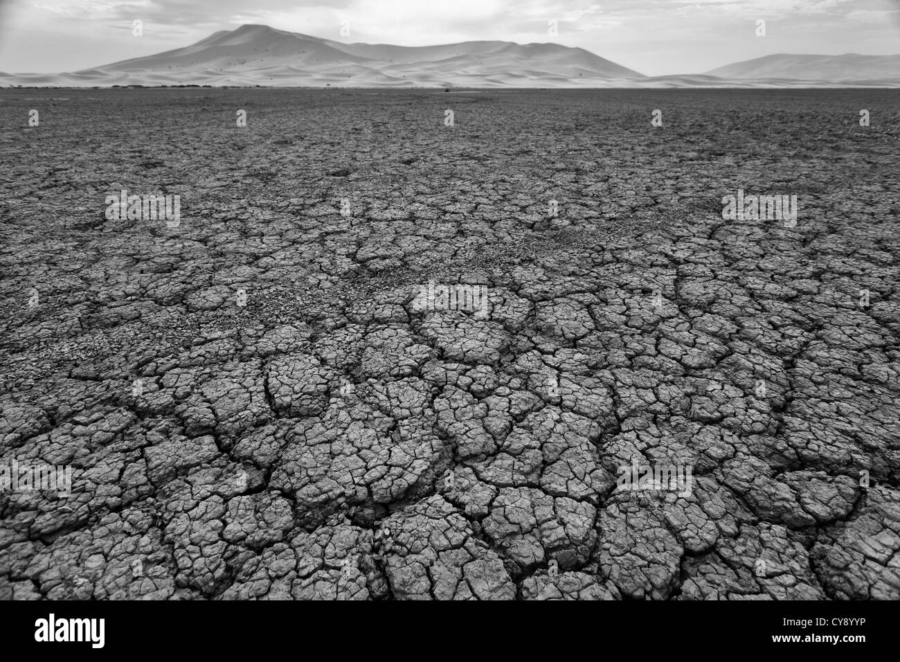 Cracked pattern of dry lake bed in Sahara Desert Morocco in black and white Stock Photo