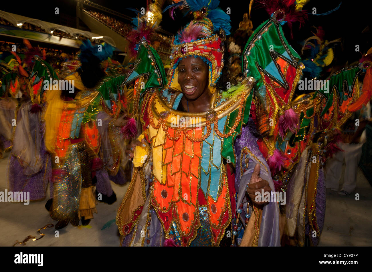 Woman in Yellow Colourful Costume During Carnival Parade in the Sambadrome Rio de Janeiro Brazil Stock Photo